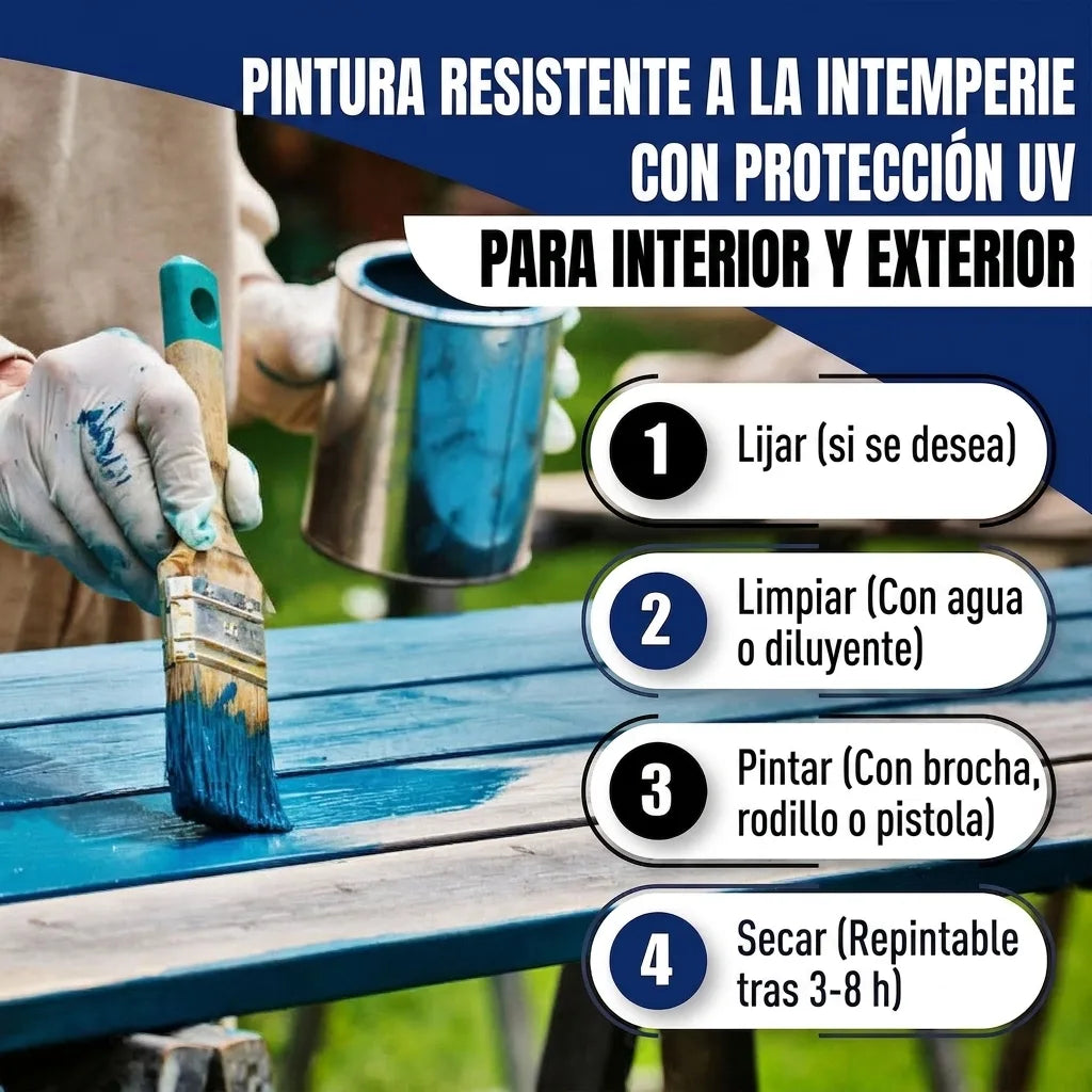 Mujer pintando una mesa con instrucciones para pintura resistente a la intemperie y UV, para interiores y exteriores.