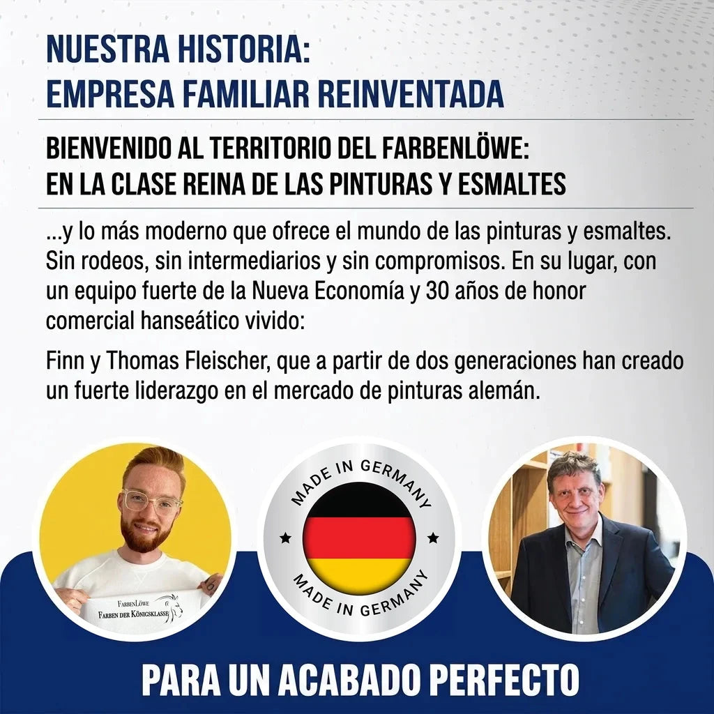 Finn y Thomas Fleischer de empresa familiar alemana de pinturas. Texto: 'Nuestra historia: Empresa familiar redefinida', 'Made in Germany'.