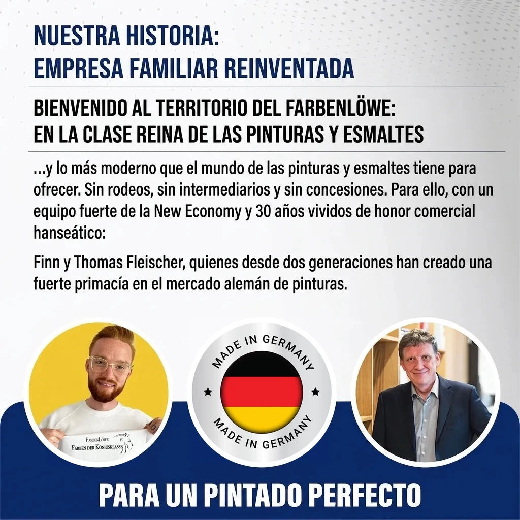 Historia de la empresa familiar 'Farbenlöwe' redefiniendo pinturas, con Finn y Thomas Fleischer y sello 'Made in Germany'.