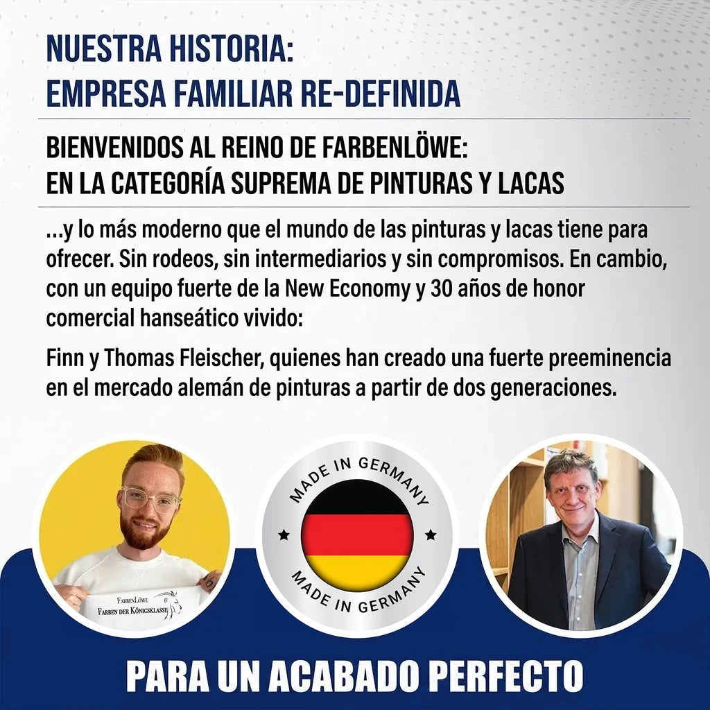 Historia de empresa familiar alemana de pinturas y lacas, con texto y fotos de los fundadores. Hecho en Alemania.