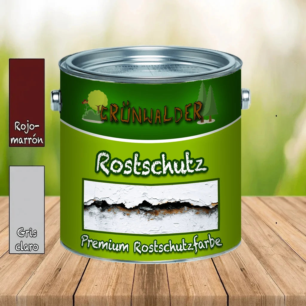 Bote de pintura "Grünwalder" "Rostschutz" en mesa de madera, con muestras de color rojo-marrón y gris claro.