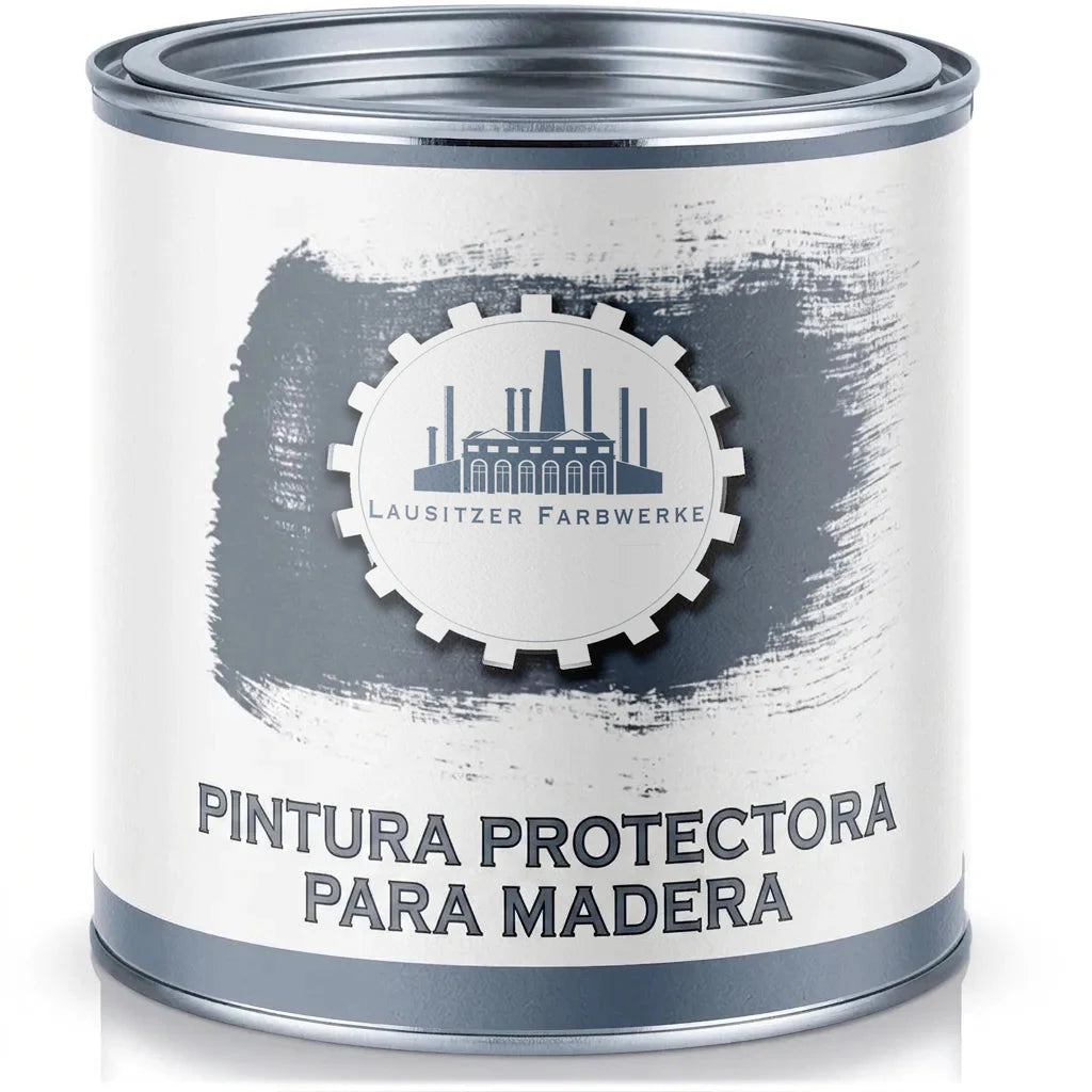 Bote de pintura protectora para madera Lausitzer Farbwerke, color gris, con muestra de trazo.