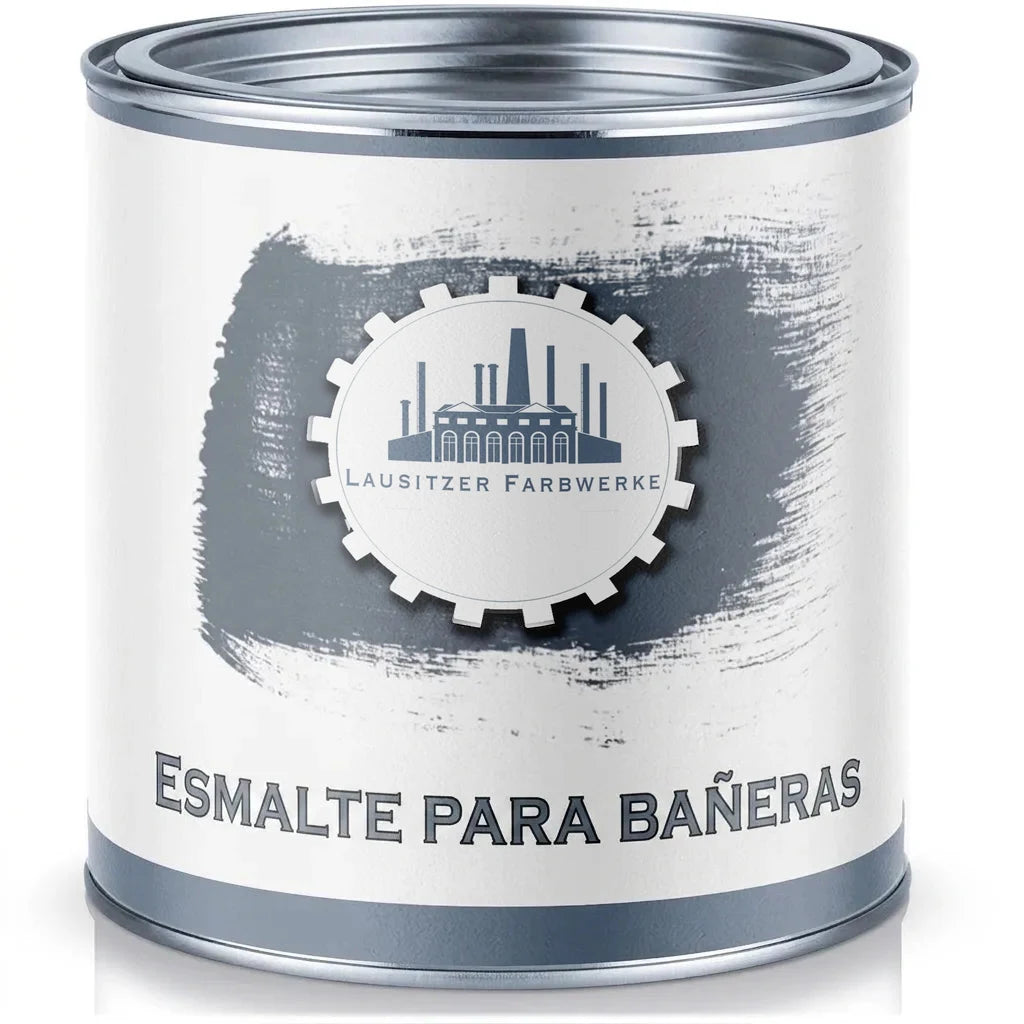 Lata de pintura blanca de Lausitzer Farbwerke con lacado para bañeras en gris.