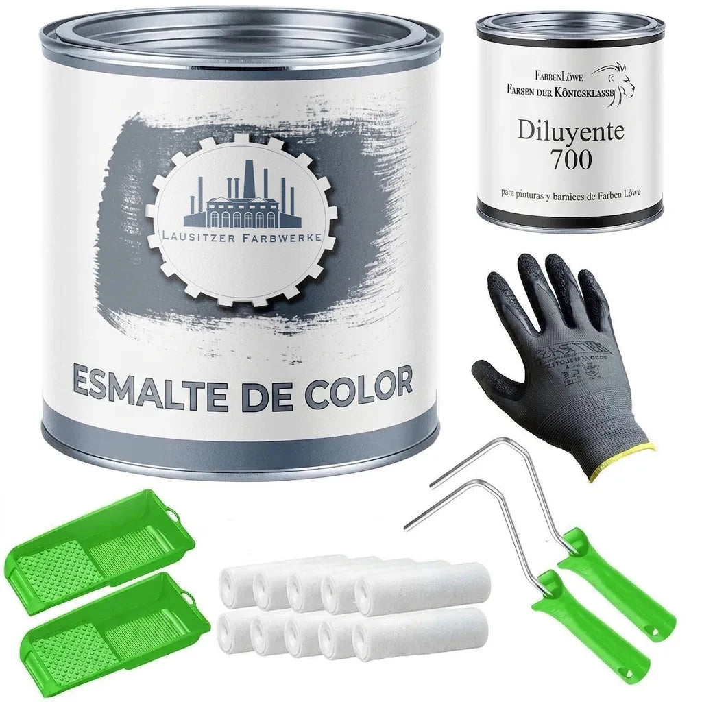 Kit completo de pintura: laca de colores, diluyente, guantes, rodillos de pintura y bandejas verdes.