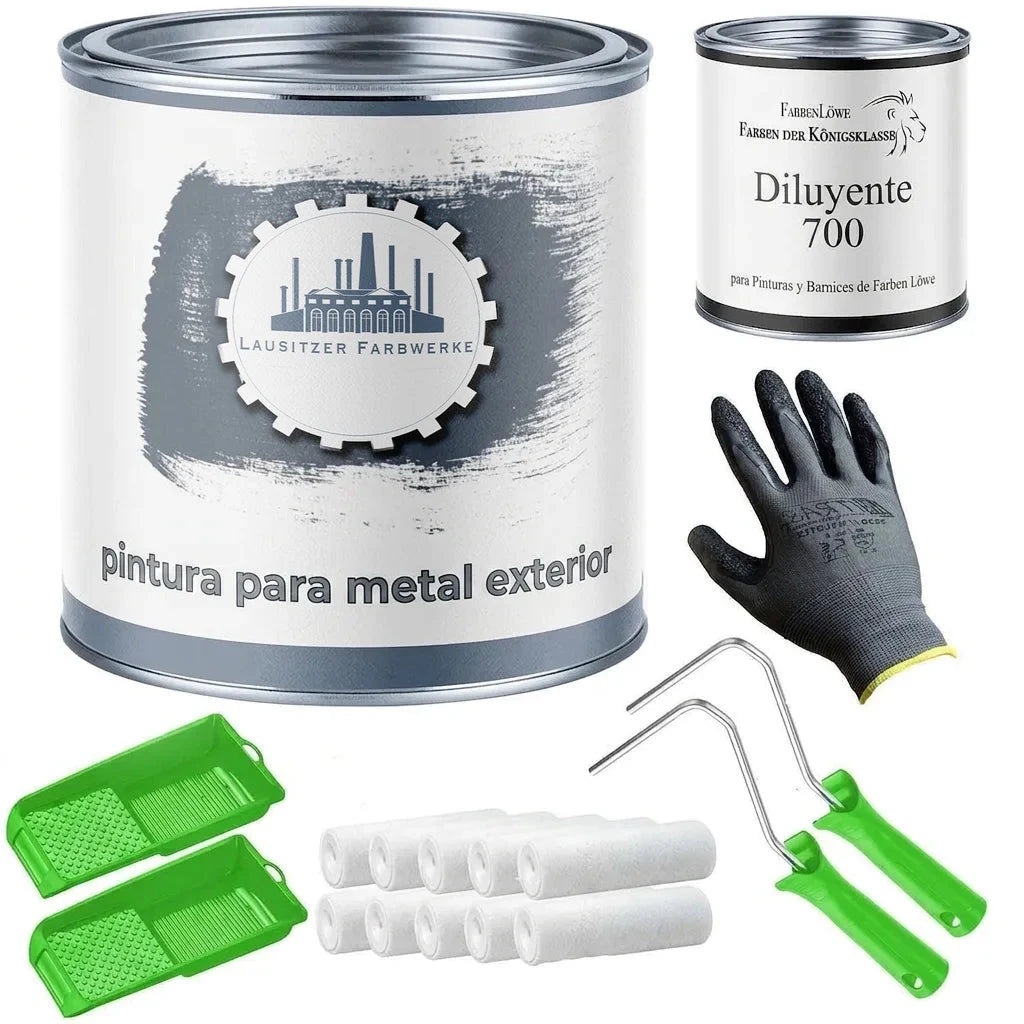 Kit de pintura: esmalte protector de metal gris, diluyente, guantes, bandejas y rodillos de pintura.