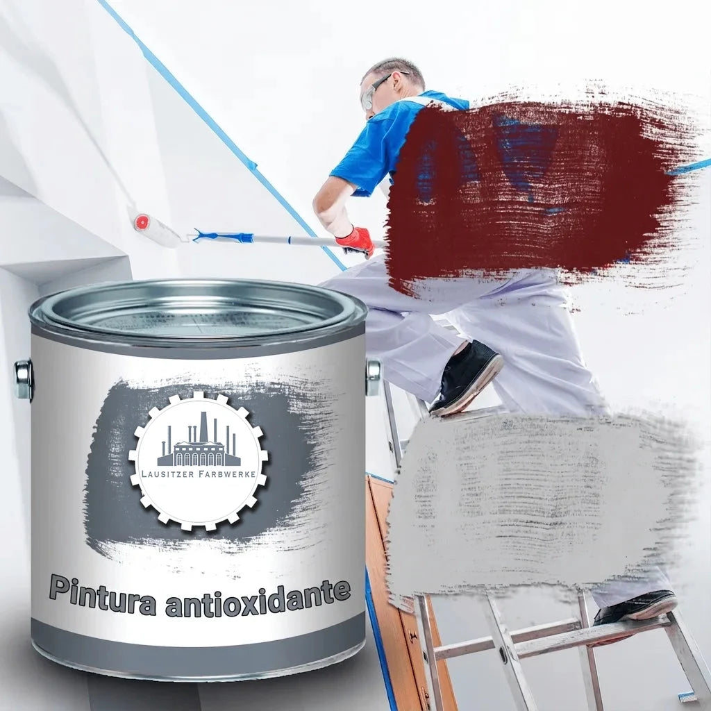 Pintor en escalera con bote de pintura anticorrosiva Lausitzer Farbwerke, aplicando pintura en pared.