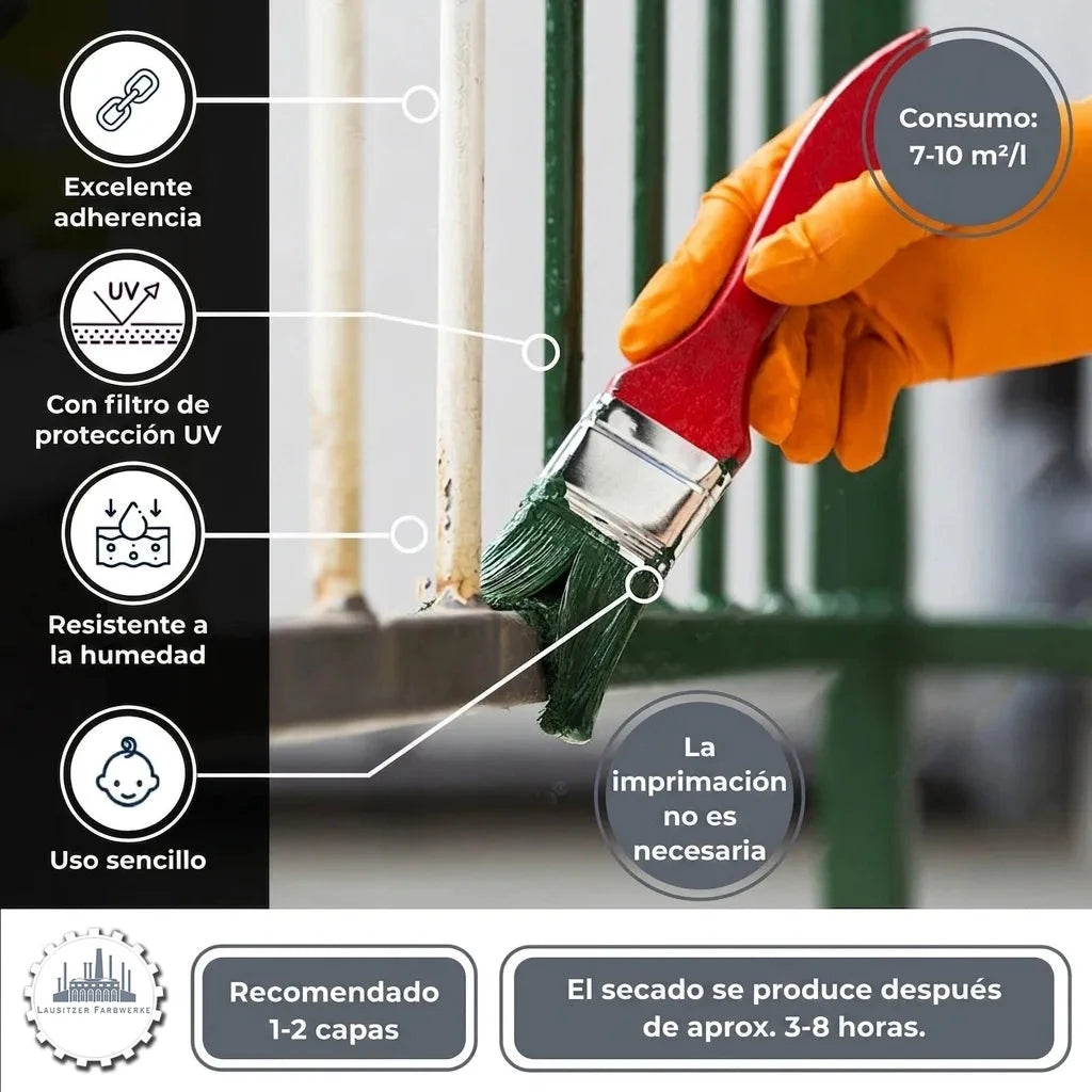 Mano pintando barandilla de metal. Pintura con alta adherencia, protección UV, resistente humedad, fácil uso.