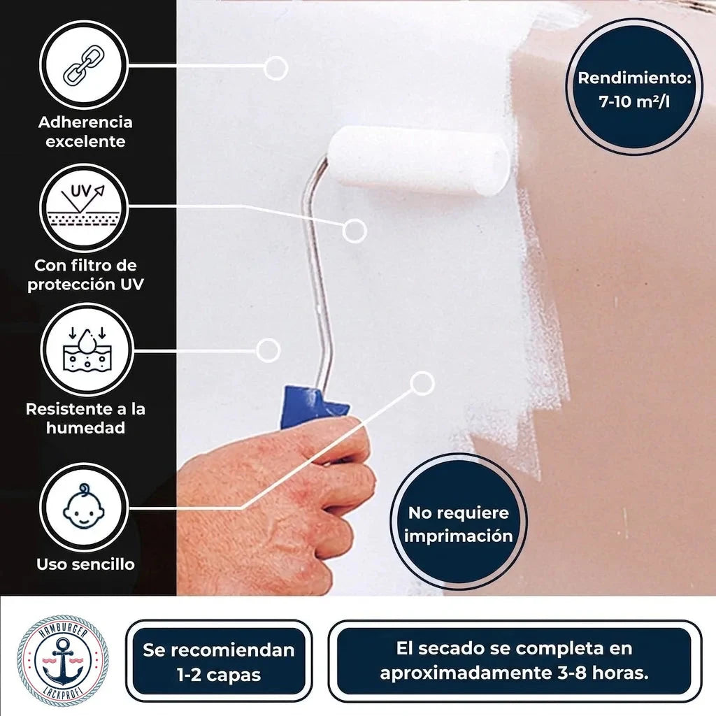 Pintura para bañera Farbenlöwe: mano con rodillo pintando una pared de blanco, con protección UV y secado rápido
