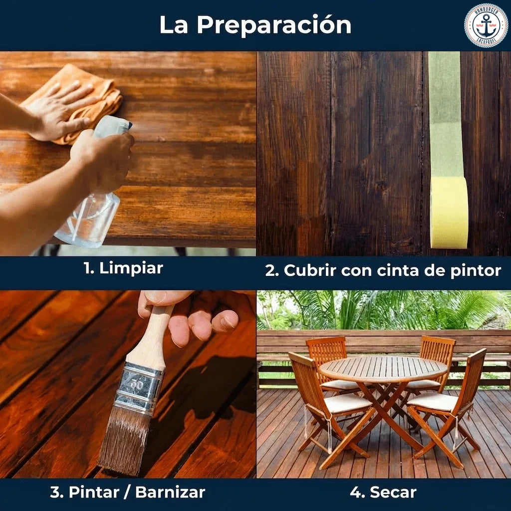 Pasos para renovar muebles de madera exterior: limpiar, proteger con cinta, aplicar barniz y secar.