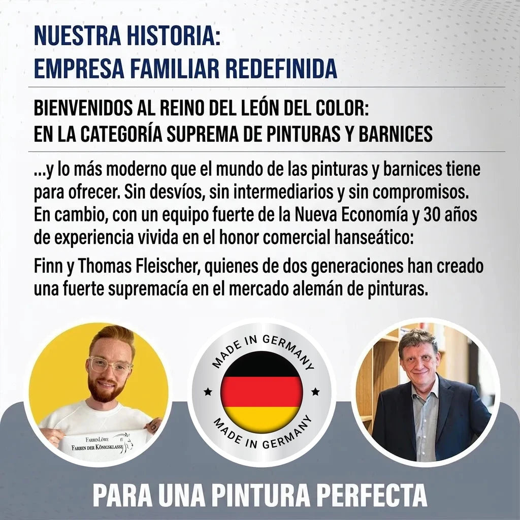 Publicidad de Farbenlöwe: empresa familiar alemana de pinturas, con dos generaciones y calidad "Hecho en Alemania".