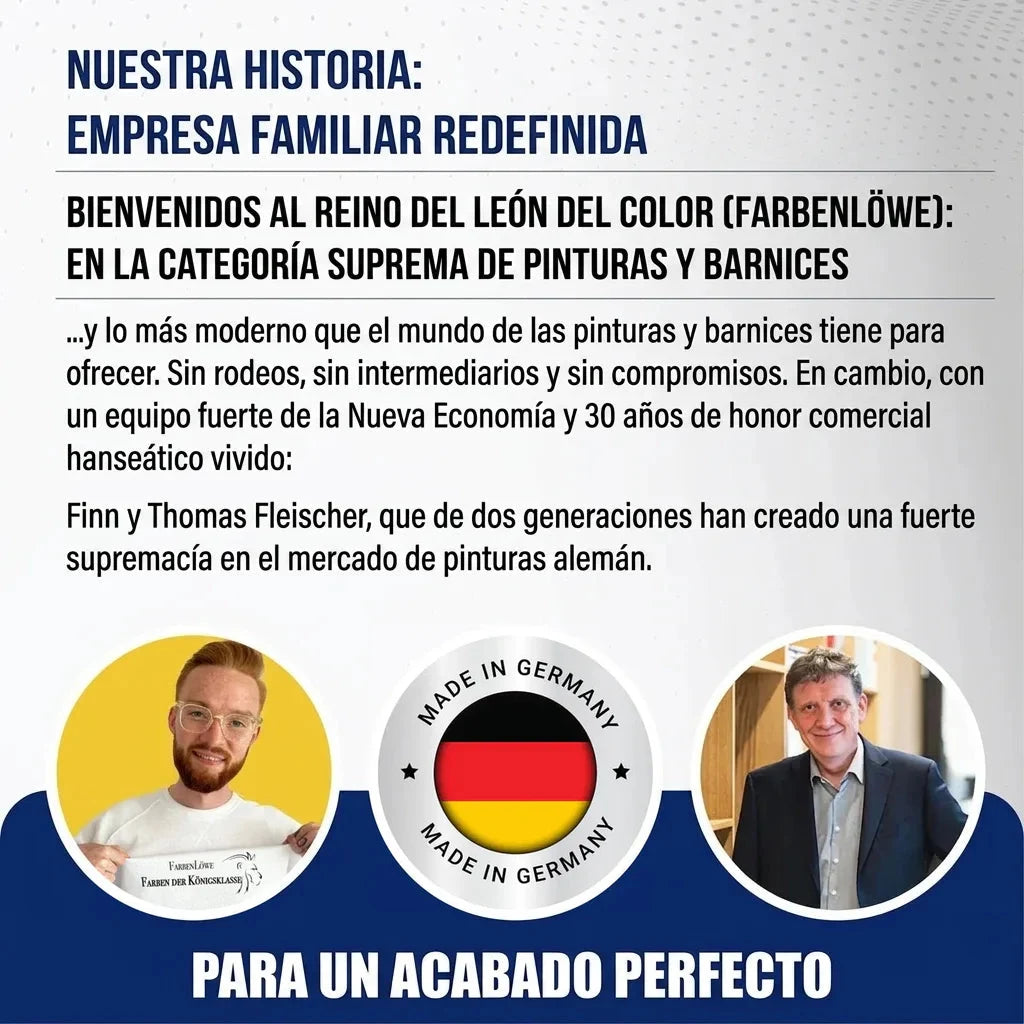 Anuncio alemán de 'Farbenlöwe' sobre empresa familiar de pinturas, destacando calidad, tradición y 'Made in Germany'.