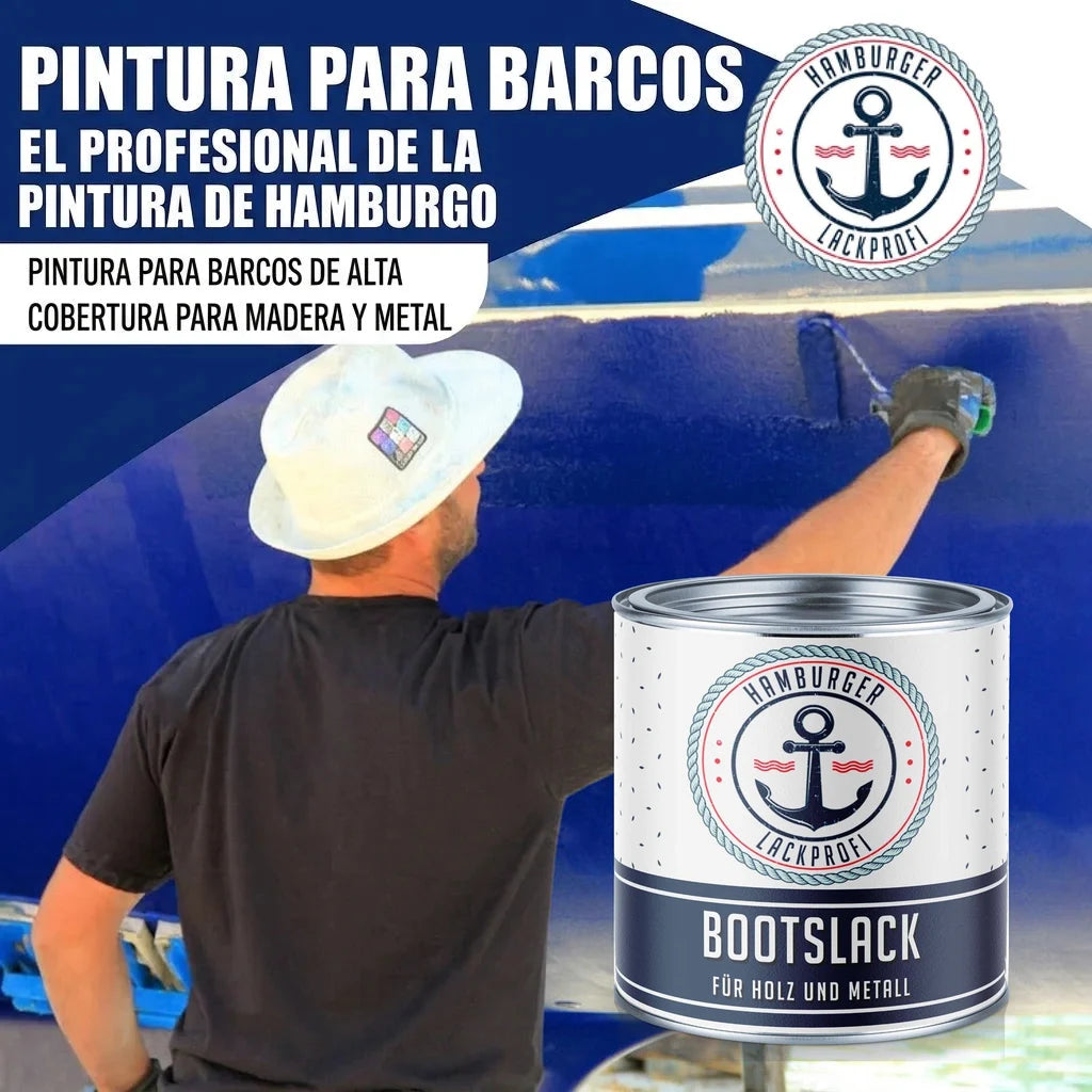 Pintura para barco "Hamburger Lackprofi Bootslack" para madera y metal. Hombre pintando un barco de azul.