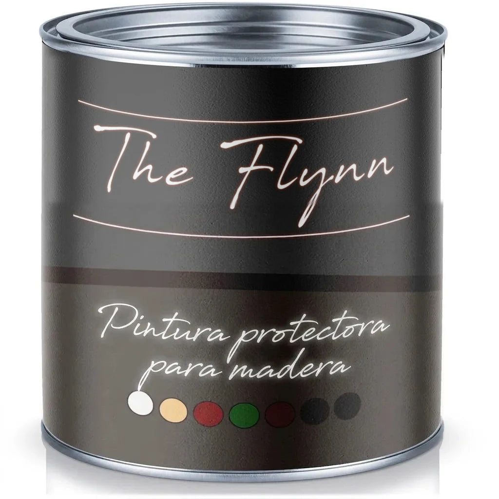 Bote de pintura The Flynn para madera. Muestras de color blanco, beige, rojo, verde, marrón, negro.