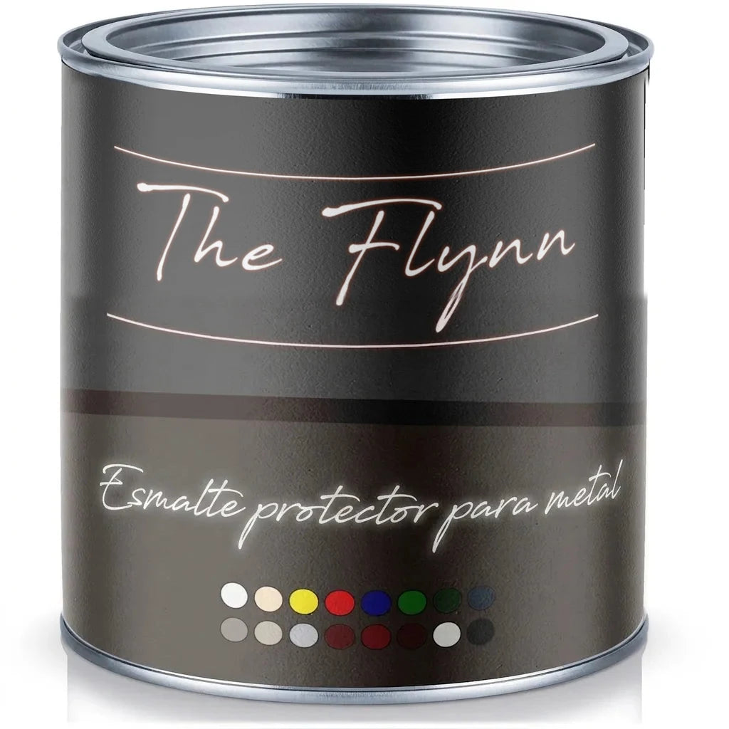 Lata de pintura The Flynn, laca protectora para metal, color oscuro con tapa plateada y muestras de color.