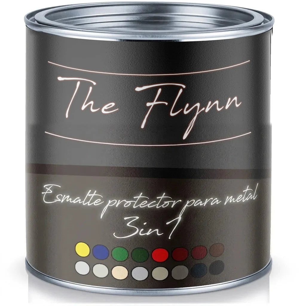 Lata de pintura The Flynn, laca protectora de metal 3 en 1, disponible en diversos colores.