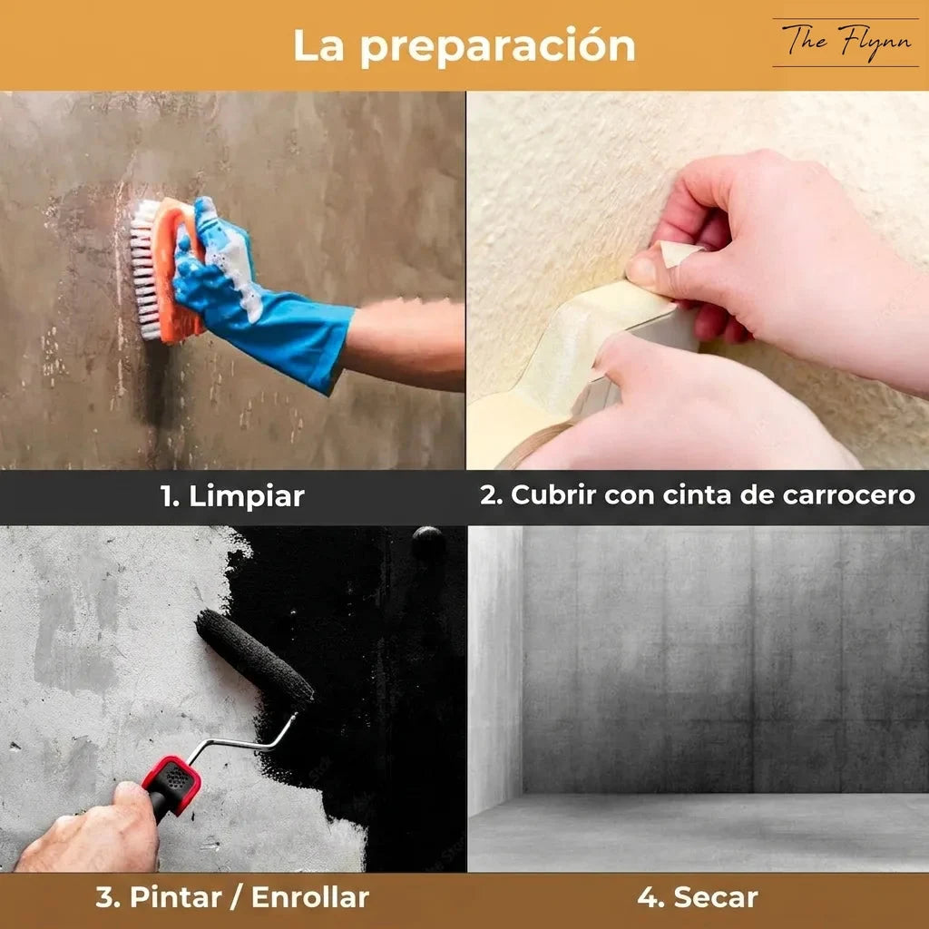 Proceso de preparación: 1. Limpiar, 2. Enmascarar, 3. Pintar/Rodar, 4. Secar. Guía paso a paso para renovación.
