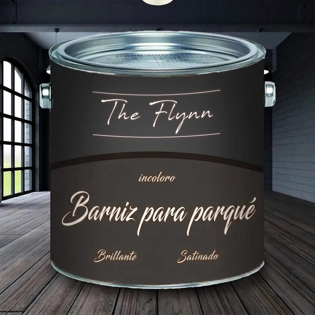 Bote de barniz para parquet The Flynn incoloro, con opciones brillante y satinado, sobre suelo de madera.