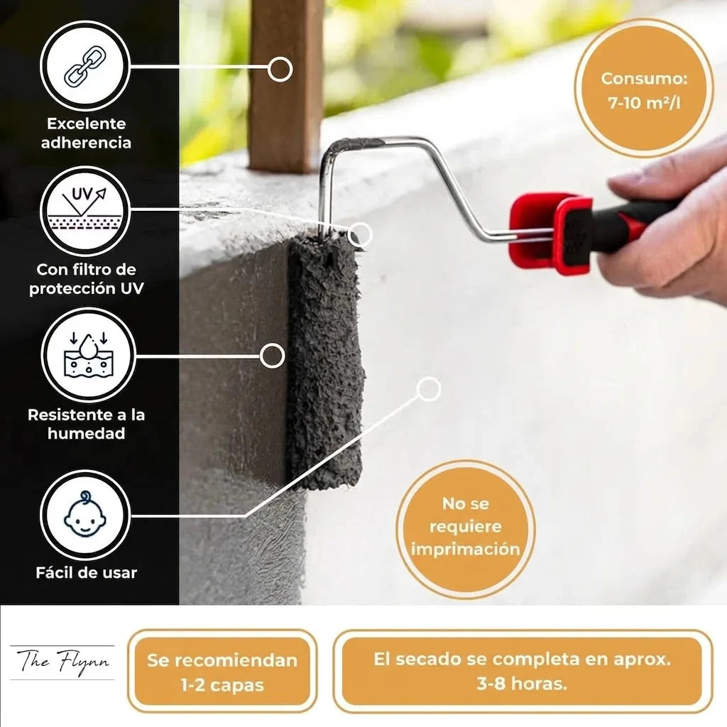 Sellador gris aplicado con rodillo. Texto: alta adherencia, protección UV, humedad, fácil uso, sin imprimación, secado rápido.