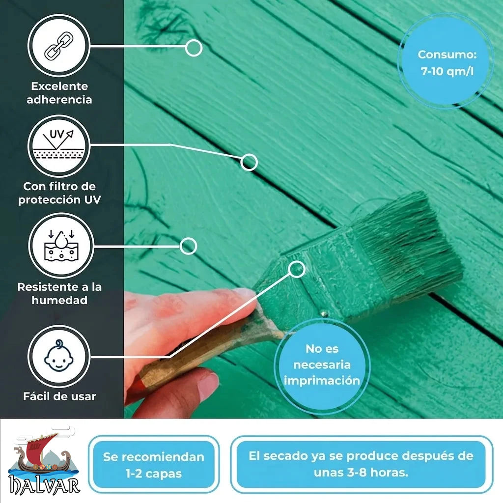 HALVAR pintura para madera con alta adherencia, protección UV, resistente a humedad y fácil aplicación sin imprimación.