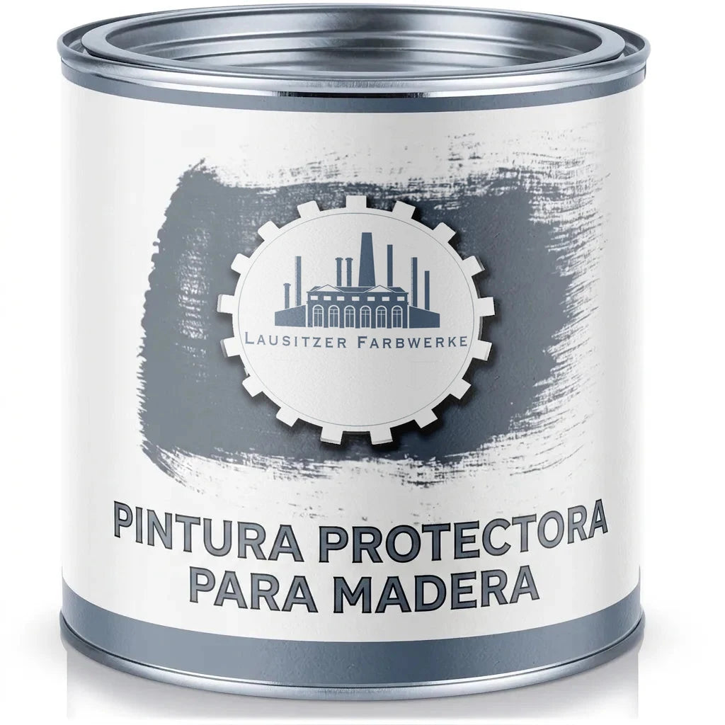 Bote de pintura metálico gris 'Lausitzer Farbwerke' con texto 'Holzschutzfarbe' (Pintura Protectora de Madera).