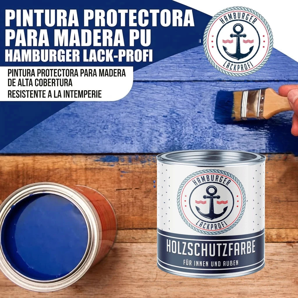 Pintura protectora para madera "Hamburger Lack-Profi" azul. Lata de "HOLZSCHUTZFARBE" y brocha.