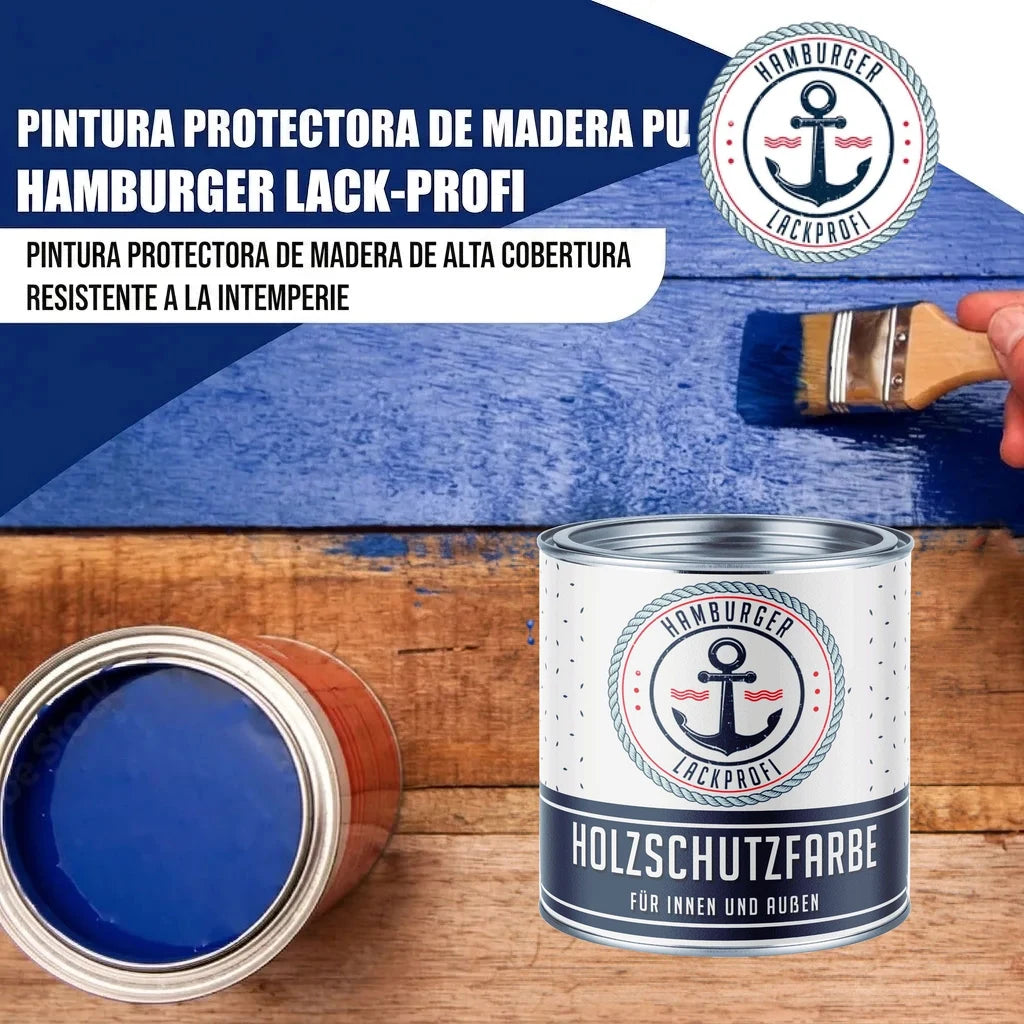 Pintura protectora de madera "Hamburger Lack-Profi" azul. Lata de pintura "HOLZSCHUTZFARBE" y brocha.