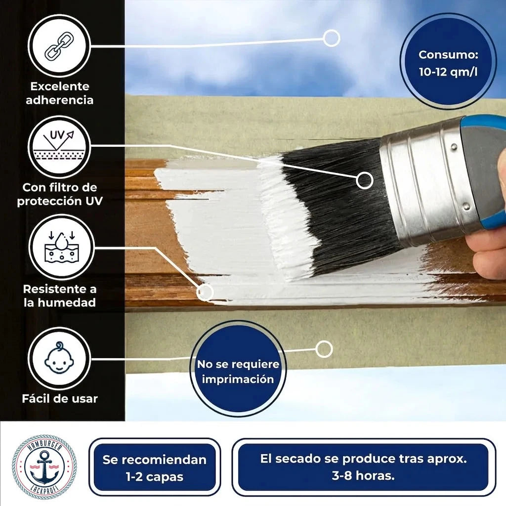 Pintura blanca para madera con brocha. Alta adherencia, filtro UV, resistente a la humedad, fácil uso, sin imprimación. Seca en 3-8h.