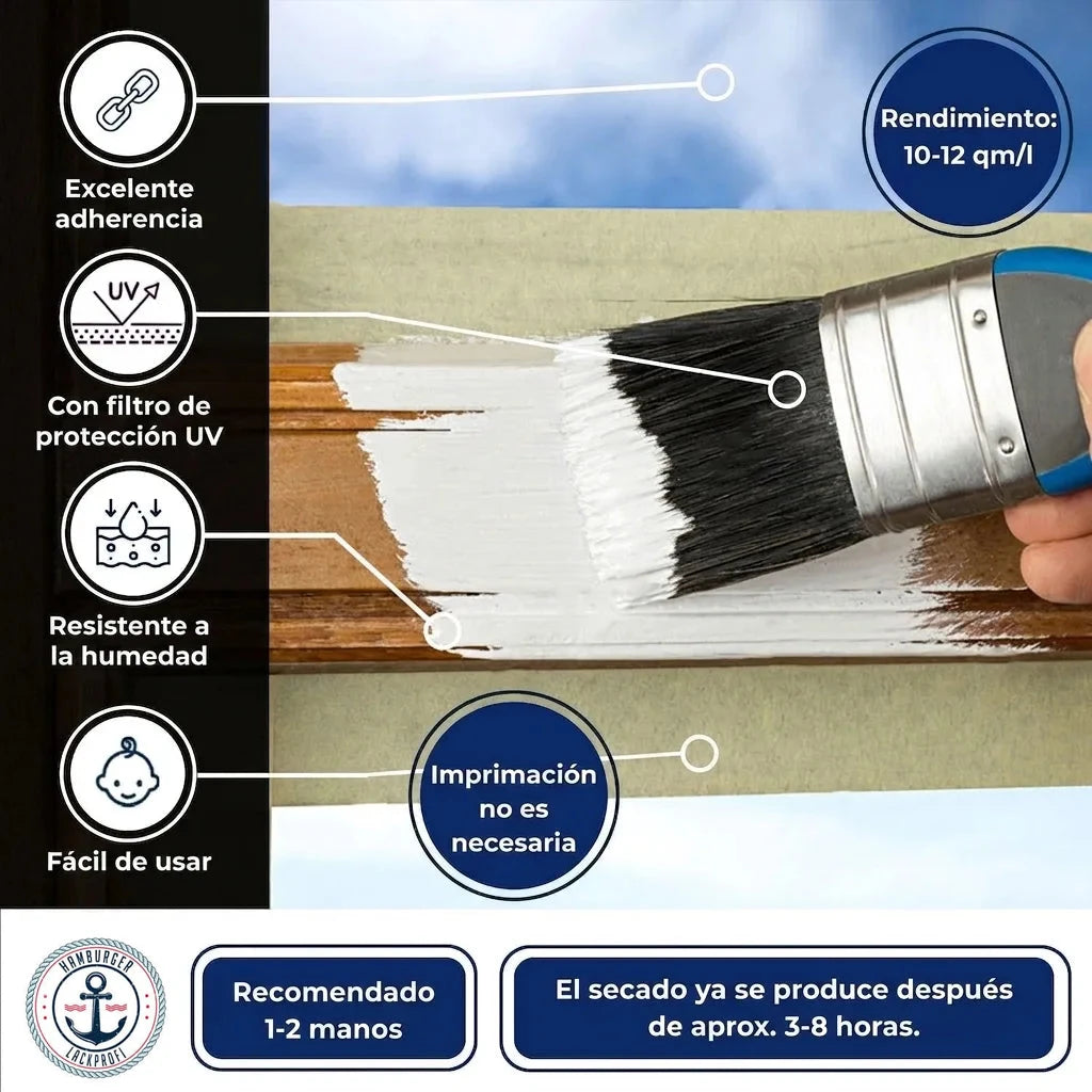 Aplicación de pintura blanca para madera con brocha. Características: alta adherencia, UV, humedad, fácil uso, sin imprimación.