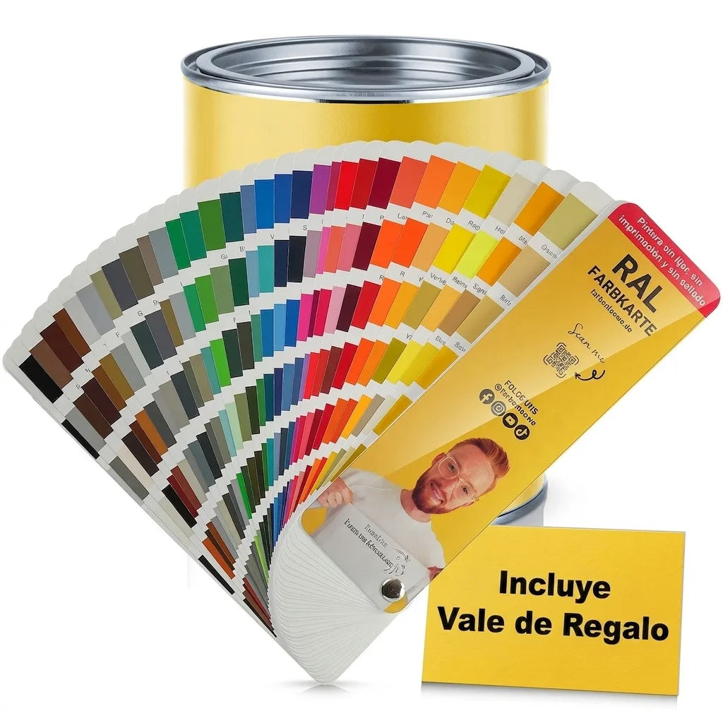 Bote de pintura amarillo con carta de colores RAL que muestra muchas opciones y un vale incluido.