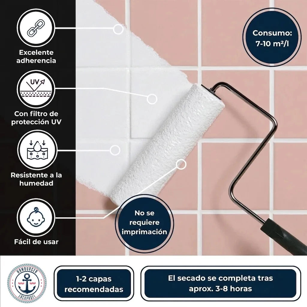 Pintando azulejos rosas a blanco con rodillo. Descripción de beneficios: alta adherencia, filtro UV, humedad, fácil, sin imprimación, secado