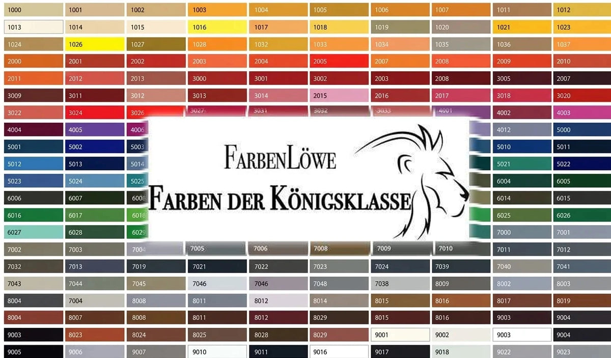 Carta de colores RAL con códigos numéricos, logo FarbenLöwe y el eslogan 'Farben der Königsklasse'.