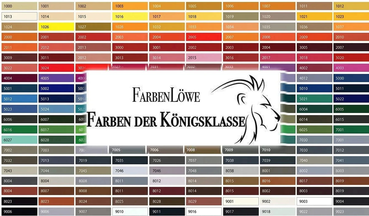 Muestra de colores RAL con el logo de FarbenLöwe y la frase 'Colores de la Clase Real', presentando una amplia gama de tonos.