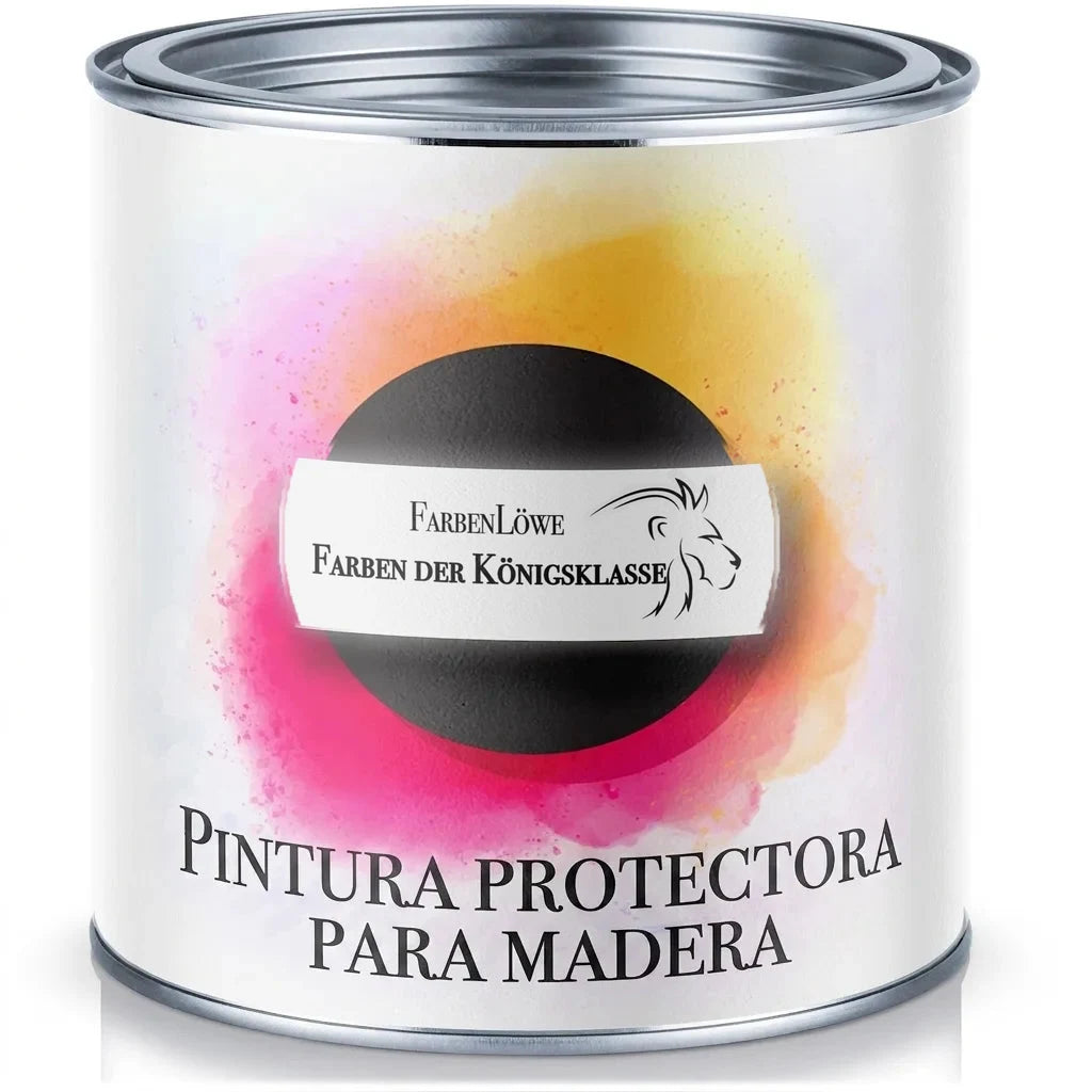 Lata de pintura FarbenLöwe, pintura protectora para madera con etiqueta de "Clase Real" y logo de león.