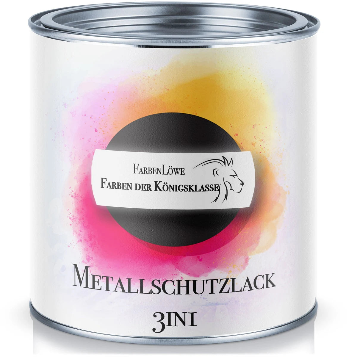 Lata de esmalte protector FarbenLöwe 3 en 1 para metal con fondo de salpicaduras de pintura coloridas.