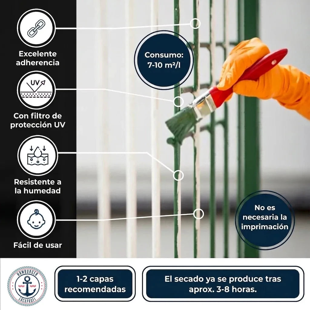 Pintura para vallas: alta adherencia, protección UV, resistencia a humedad, fácil aplicación, no necesita imprimación, secado rápido.