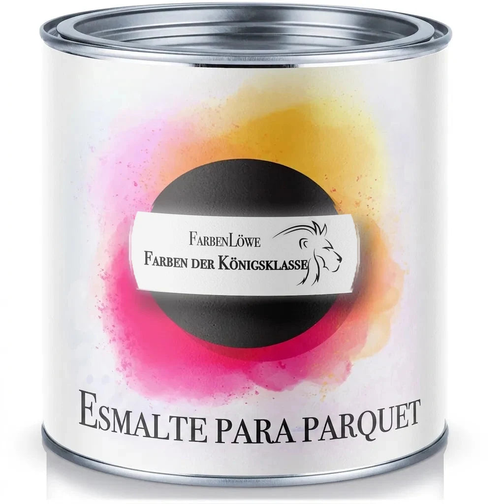 Bote de barniz para parquet FarbenLöwe con etiqueta colorida, producto premium para suelos de madera.