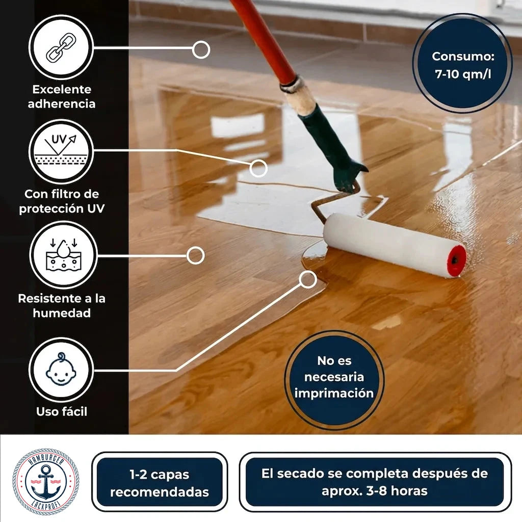 Piso de madera siendo barnizado con rodillo. Características: alta adherencia, protección UV, resistente a humedad, secado rápido.