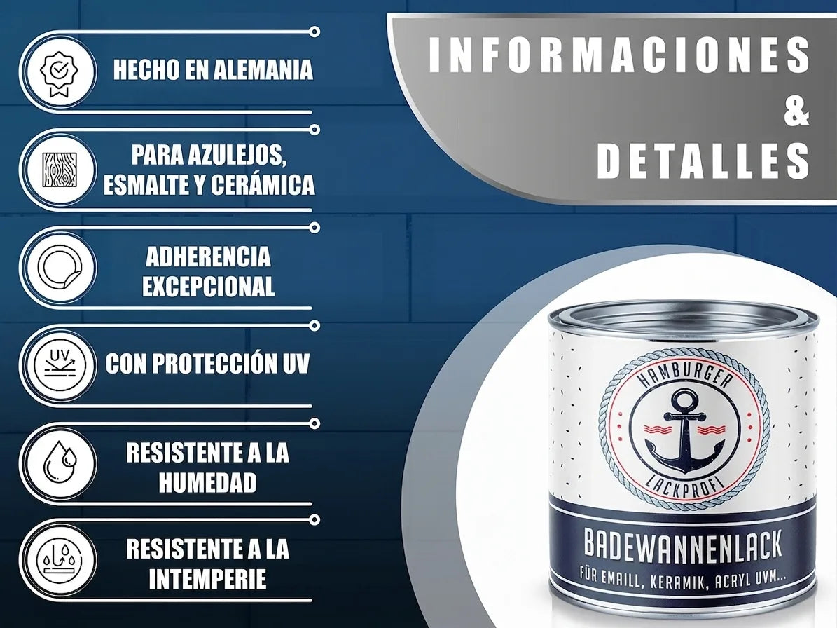 Lata de pintura para bañeras (Badewannenlack) y lista de características en alemán: Made in Germany, para azulejos, esmalte.