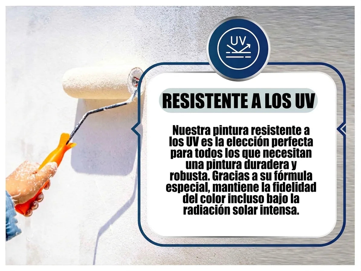 Pintando una pared blanca con rodillo, destacando la pintura UV-resistente que mantiene el color bajo el sol.