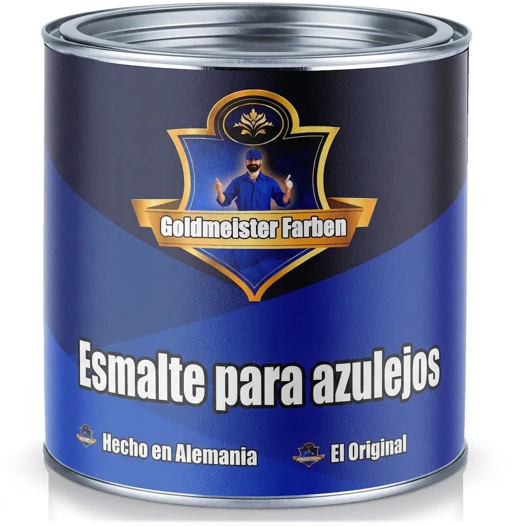 Bote de pintura Goldmeister Farben Fliesenlack (lacado para azulejos) azul, con logo de hombre barbudo, hecho en Alemania.