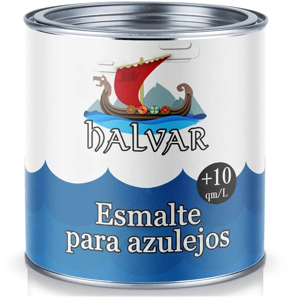 Lata de pintura HALVAR para azulejos con diseño de barco vikingo. Rendimiento aprox. 10 m²/L.