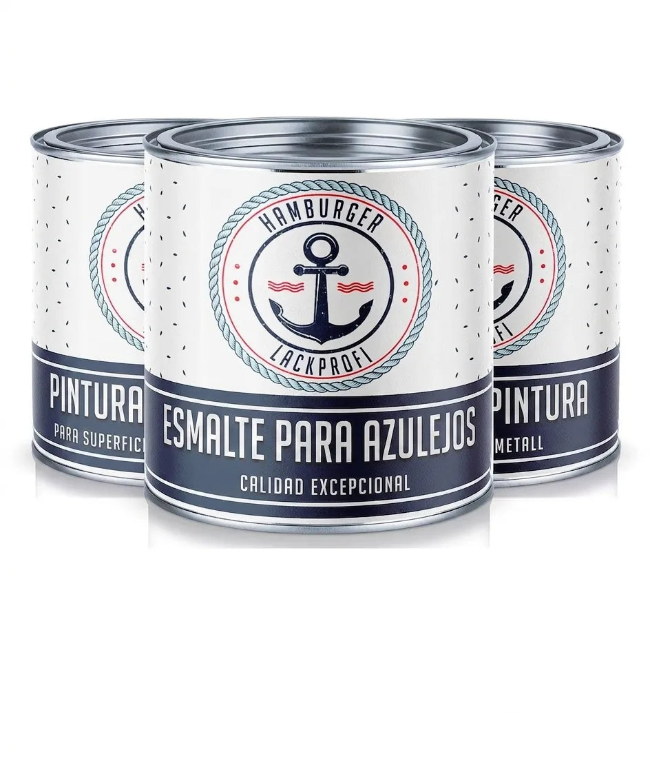 Tres latas de pintura Fliesenlack Hamburger Lackprofi con diseño náutico de ancla. 'Calidad Única'.