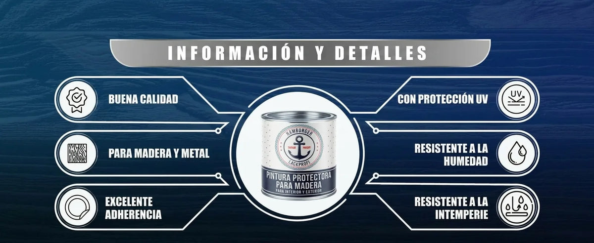 Detalles de pintura protectora de madera: calidad, UV, humedad, clima, madera/metal, excelente adhesión.