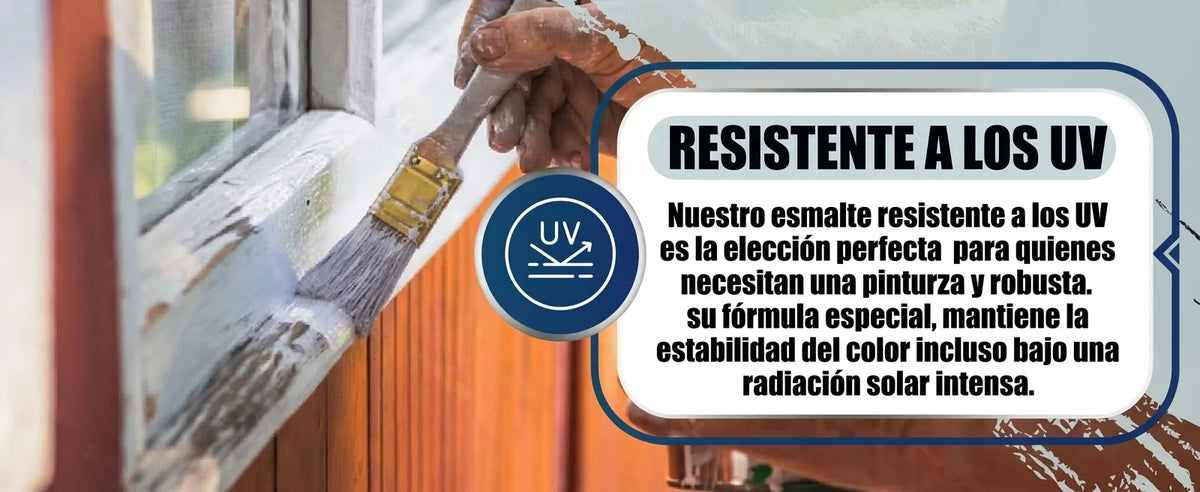 Pintura blanca UV-resistente en un marco de ventana de madera, con texto que describe sus beneficios y durabilidad.