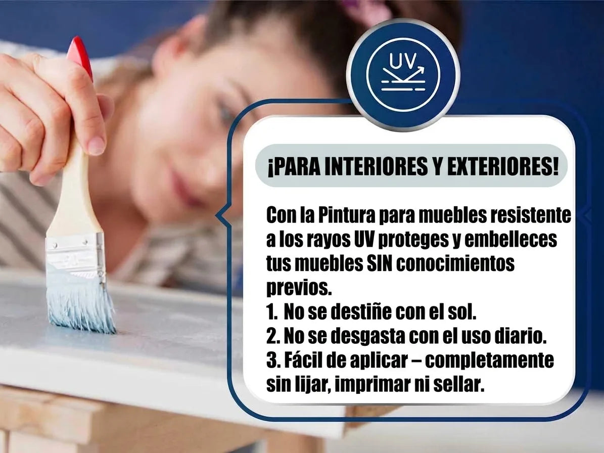 Mujer pintando con brocha. Texto: Pintura para muebles UV resistente, interior/exterior, sin decoloración/desgaste, fácil de aplicar.
