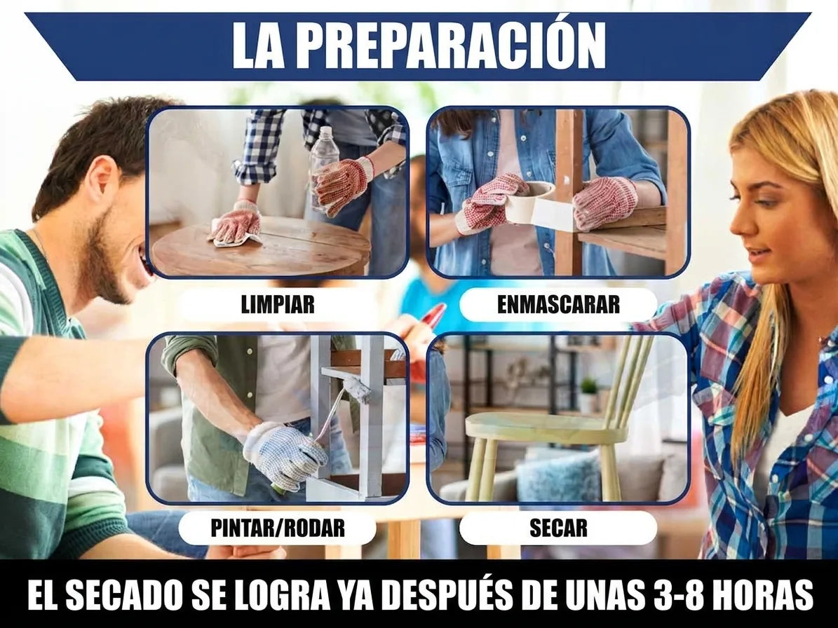 Guía de preparación de muebles para pintar: limpiar, encintar, pintar y secar en 3-8 horas.
