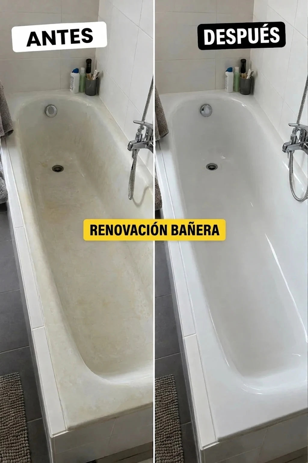 Foto comparativa: antes y después de la renovación de una bañera. Bañera vieja y sucia transformada en una limpia y blanca.
