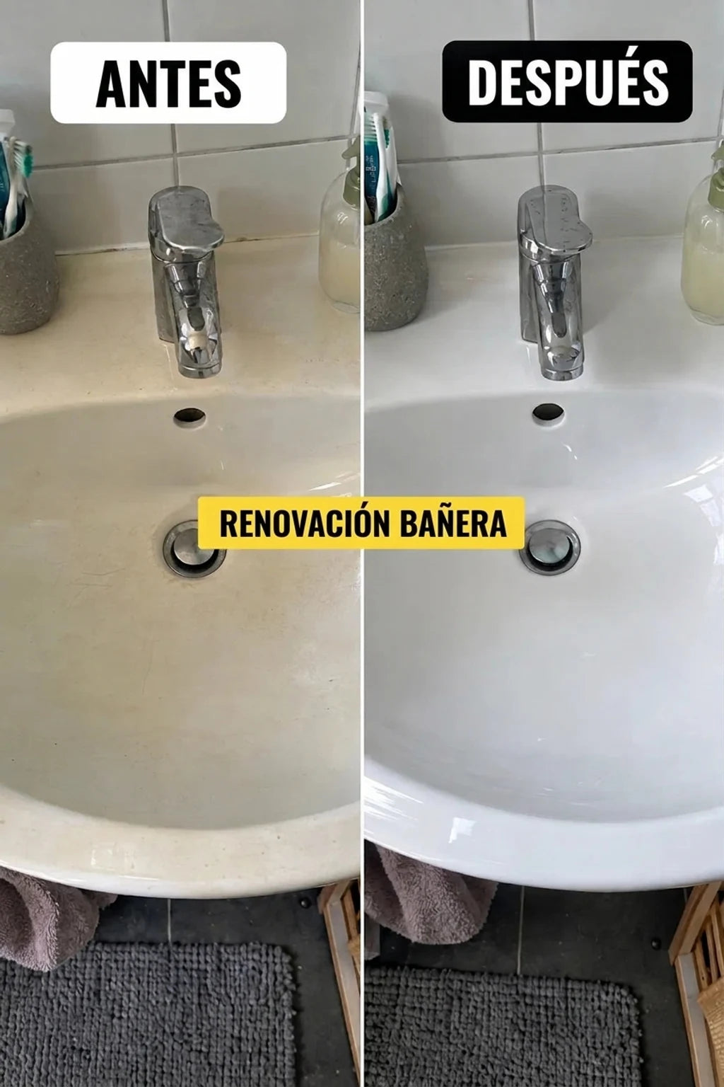ANTES y DESPUÉS: Metamorfosis de una bañera. Bañera dañada y sucia (antes) e idealmente limpia y blanca (después de la renovación).