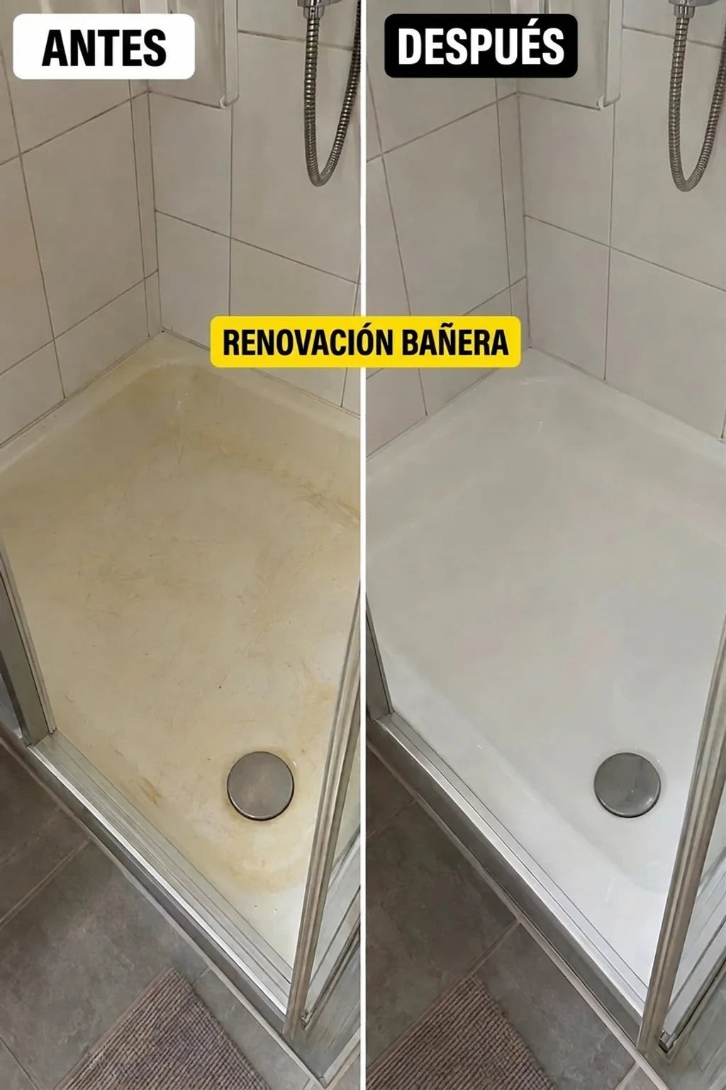 Antes y después de la renovación: un plato de ducha sucio y amarillento quedó blanco reluciente. Reforma del baño.