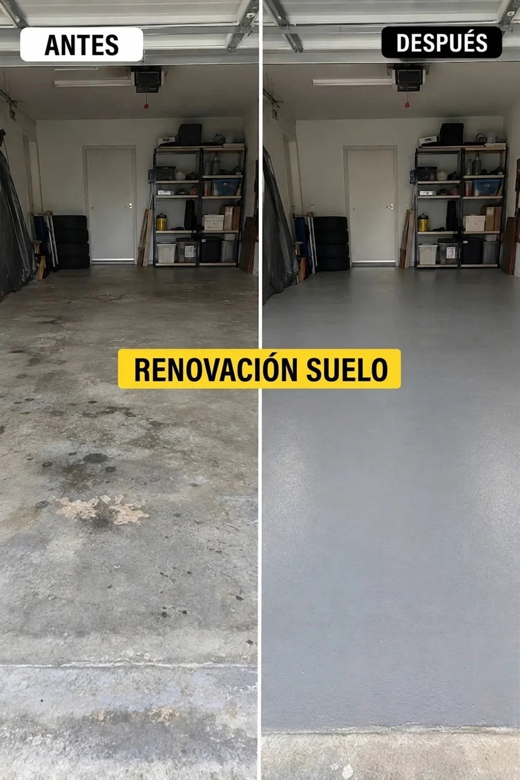 Antes y después de la renovación de un suelo de hormigón en el garaje, de sucio y manchado a limpio y gris.